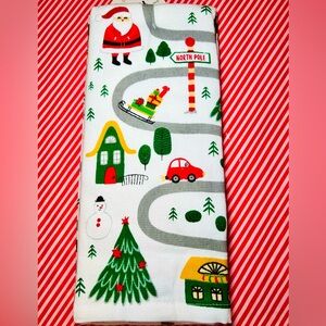 2 Christmas Santa’s Roadway to North Pole Kitchen Towels Cars Sled Snowman Trees